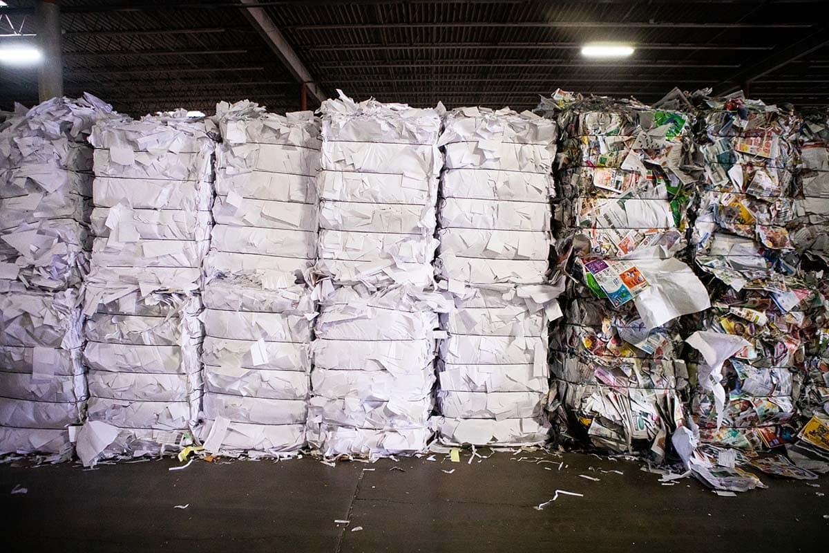 Bales of recovered paper inside a Royal Paper Stock facility