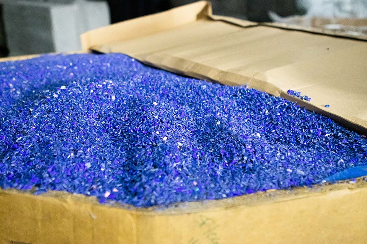 Processed plastic material at a recycling facility