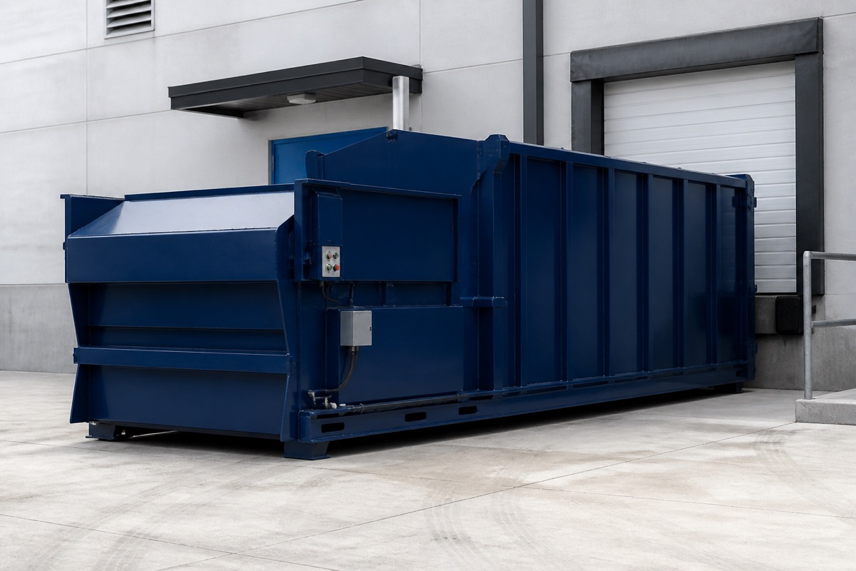 Stationary industrial compactor at a commercial loading area